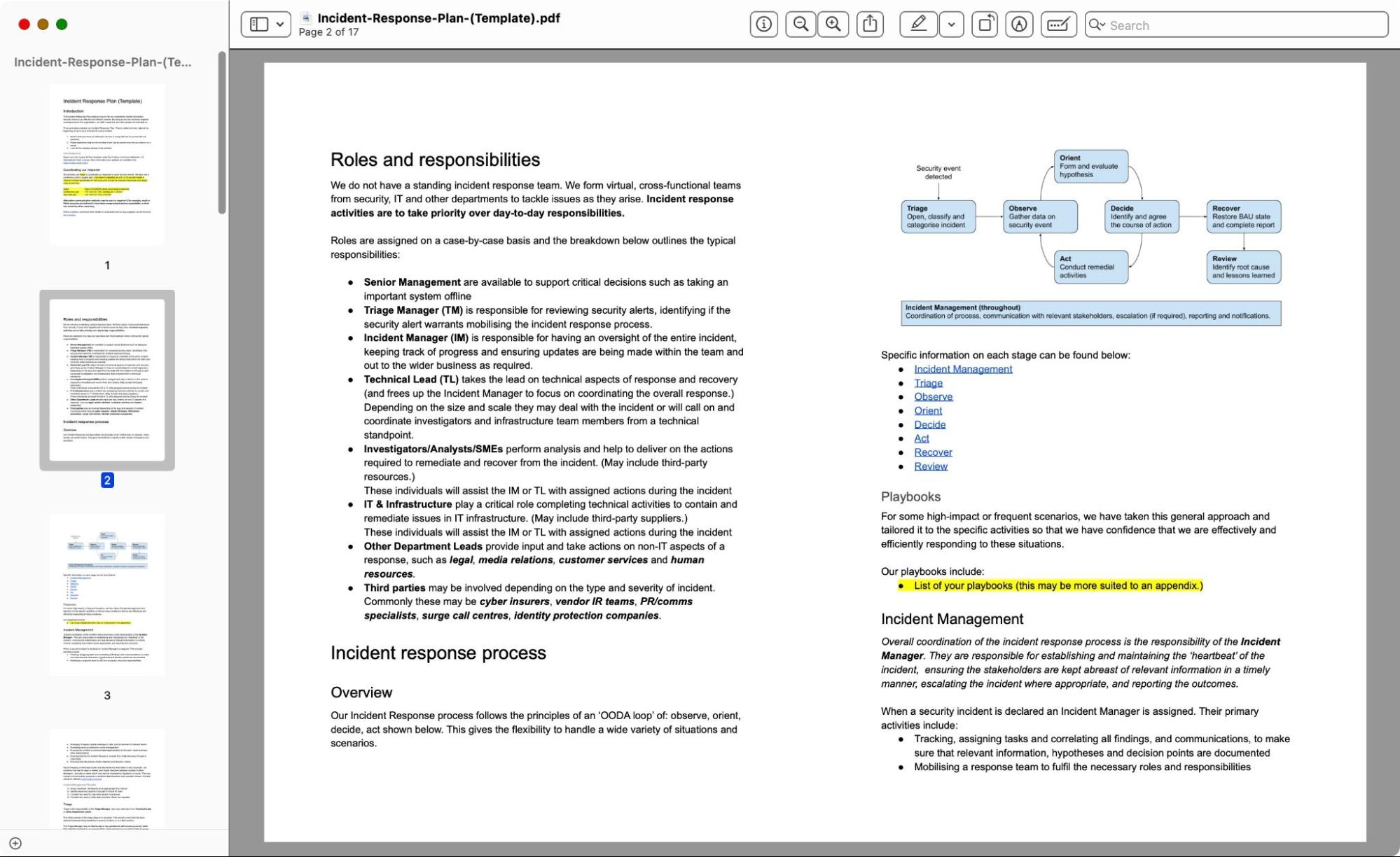 screenshot of incident response playbook document which can be downloaded using link below