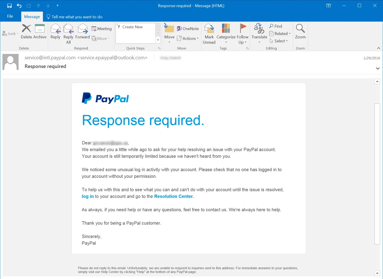 Image depicting a scam email claiming to be from PayPal but exhibiting signs as described below that prove it isn’t