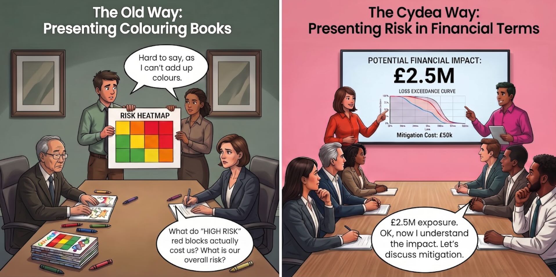 Try presenting risk in financial terms, instead of colouring books
