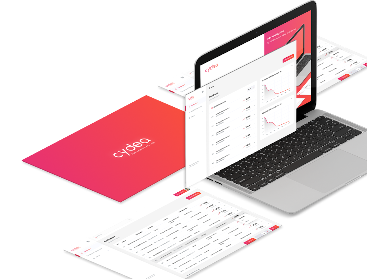 image that features screenshots from the Risk App, which shows loss exceedance curves, a list of risk assessments within an organisation, and also a Cydea logo