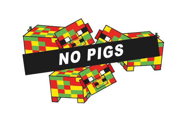 Blocky, cartoon pigs with a banner reading 'NO PIGS'.